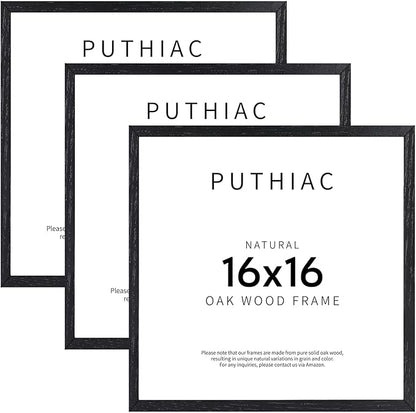 puthiac 16x16 Solid Oak Wood Picture Frame, Fits 12x12 with Mat or 16x16 Without Mat, Wall Display Only, Plexi Front, 3 Pack, Black