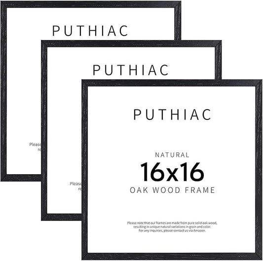 puthiac 16x16 Solid Oak Wood Picture Frame, Fits 12x12 with Mat or 16x16 Without Mat, Wall Display Only, Plexi Front, 3 Pack, Black