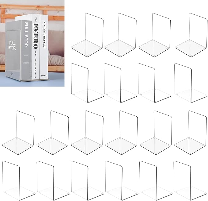 MerryNine Acrylic Book Ends 20pcs for Shelves, Clear Bookends for Shelves, Book end Organizer, Book Holder Stand Decorative, Book Stoppers for Heavy Duty Books (7.08