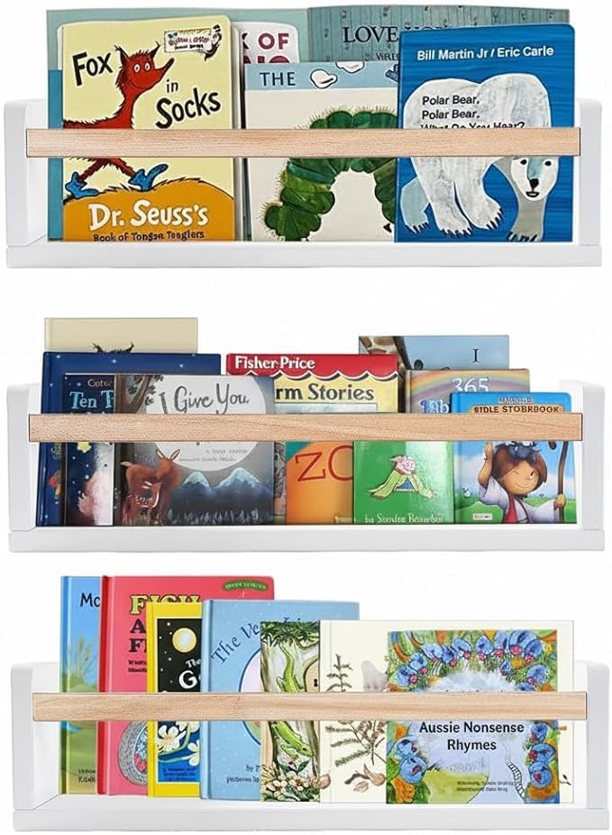 AZSKY 16 Inch Nursery Floating Shelves Set of 3, White Wood Kids Wall Bookshelves & Book Organizer Ledge for Baby Room Decor, Display Toys, Picture Frames