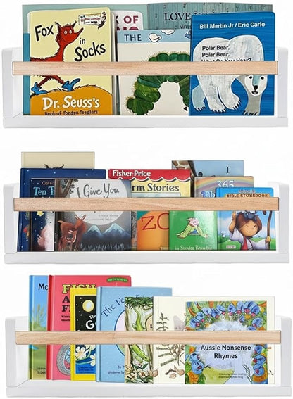 AZSKY 16 Inch Nursery Floating Shelves Set of 3, White Wood Kids Wall Bookshelves & Book Organizer Ledge for Baby Room Decor, Display Toys, Picture Frames