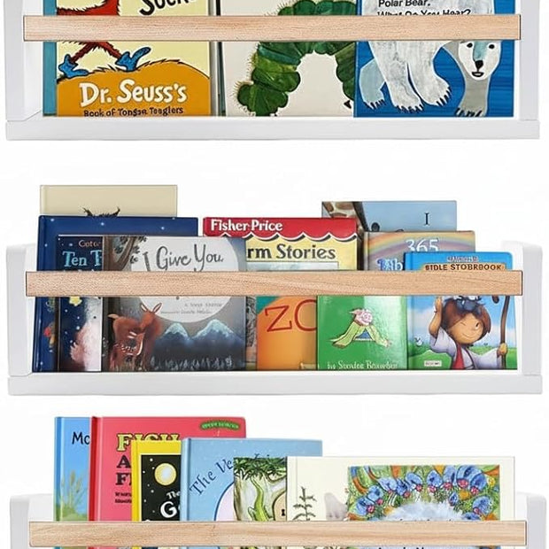 AZSKY 16 Inch Nursery Floating Shelves Set of 3, White Wood Kids Wall Bookshelves & Book Organizer Ledge for Baby Room Decor, Display Toys, Picture Frames