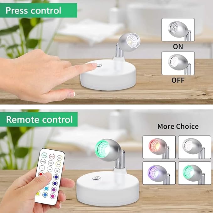 KINDEEP Spotlight Battery Operated, RGB Wireless LED Puck Light, Stick on Mini Accent Light, Dimmer & Timer Uplight with Remote, 4000K Warm White, for Picture Artwork Painting Plants 6 Pack