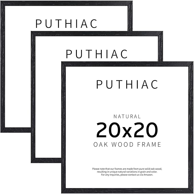 puthiac 20x20 Solid Oak Wood Picture Frame, Fits 16x16 with Mat or 20x20 Without Mat, Wall Display Only, Plexi Front, 3 Pack, Black