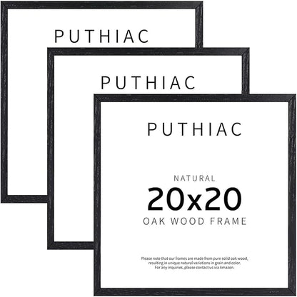 puthiac 20x20 Solid Oak Wood Picture Frame, Fits 16x16 with Mat or 20x20 Without Mat, Wall Display Only, Plexi Front, 3 Pack, Black
