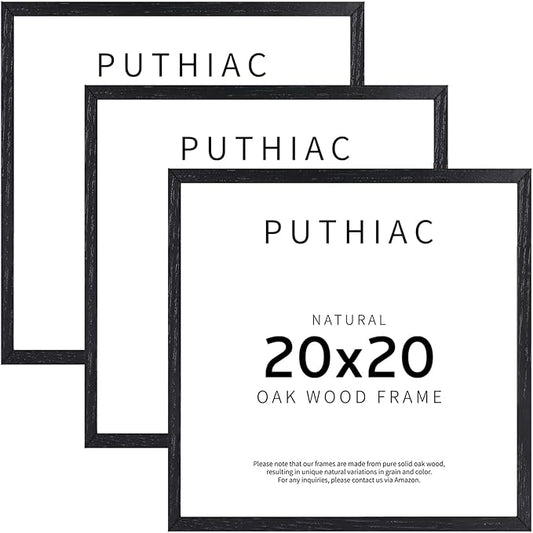 puthiac 20x20 Solid Oak Wood Picture Frame, Fits 16x16 with Mat or 20x20 Without Mat, Wall Display Only, Plexi Front, 3 Pack, Black