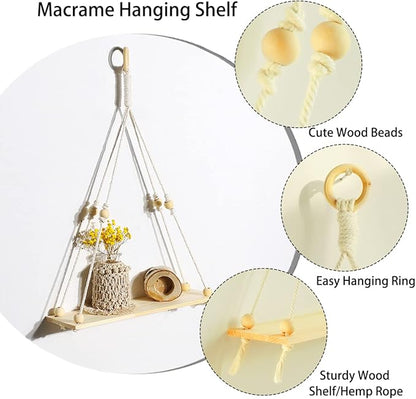 Artilady 2 Pack Wooden Wall Hanging Shelves - Macrame Hanging Plant Shelf Boho, Handmade Rustic Hanger Planter Rack Flower Pot Stand Holder Storage Floating Shelves