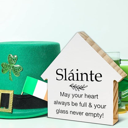 Slainte Sign, Irish Blessing Decor, May Your Heart Always Be Full House Shaped Wood Block Sign, Irish Gifts for Women Men, Home Kitchen Decor for Desk Table Shelf