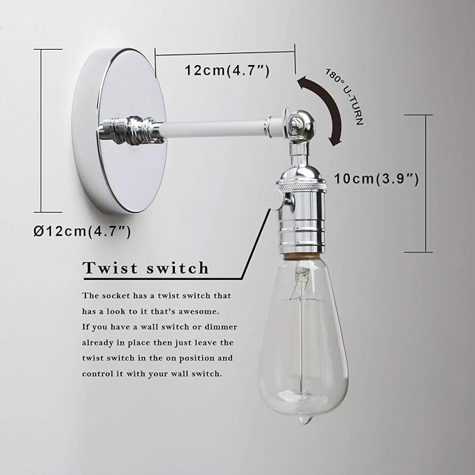 Permo Vintage Industrial Pole Wall Mount Mini Single Sconce Metal Wall Sconces Fixture (Chrome)
