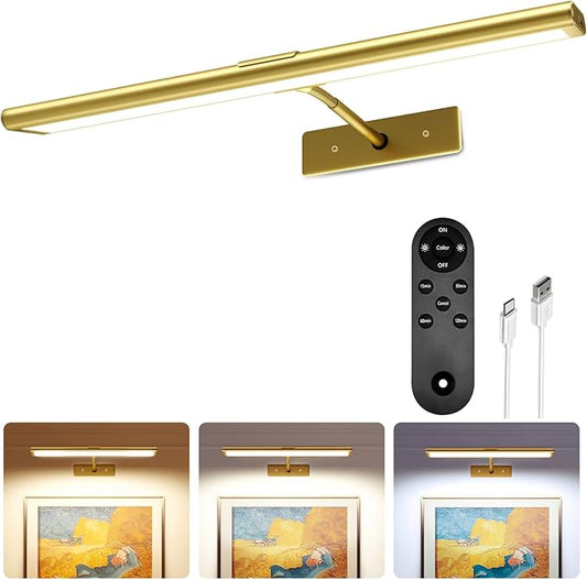 EZVALO Picture Light for Wall, 4800mAh Rechargeable Wireless Lights, 16'' Dimmable with IR Remote Magnetic LED Art Painting Light with 3 Color Temps, Display for Gallery, Living Room, Bedroom(Gold)