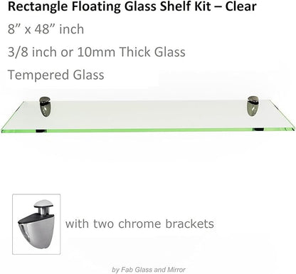 Fab Glass and Mirror 8 X 48 Inch Rectangle Floating Clear Tempered Kit Glass Shelf, 8" X 48",