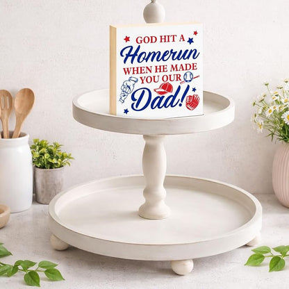 Baseball Home Decor - Gift for Dad - Baseball Wood Box Sign for Home Kitchen Farmhouse Office Tiered Tray Desk Shelf Decor