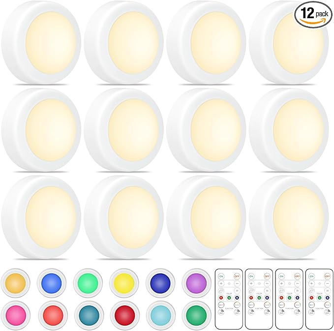 Puck Lights with Remote Control, 16 Color Changeable Wireless LED Light,Under Cabinet Lights, Battery Operated Light with Dimmer & Timmer Great for Closet, Bedroom,Kitchen(12 Packs)