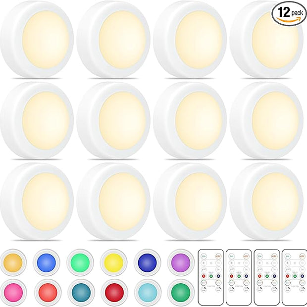 Puck Lights with Remote Control, 16 Color Changeable Wireless LED Light,Under Cabinet Lights, Battery Operated Light with Dimmer & Timmer Great for Closet, Bedroom,Kitchen(12 Packs)