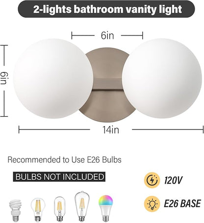 Globe Bathroom Vanity Light Fixtures: Nickel Wall Scones With 2 Milk Glass Shade - Modern Makeup Lighting Fixture over Mirror - Brass Ball Powder Room Vanities Lights for Hallway Bedroom Bulb Excluded
