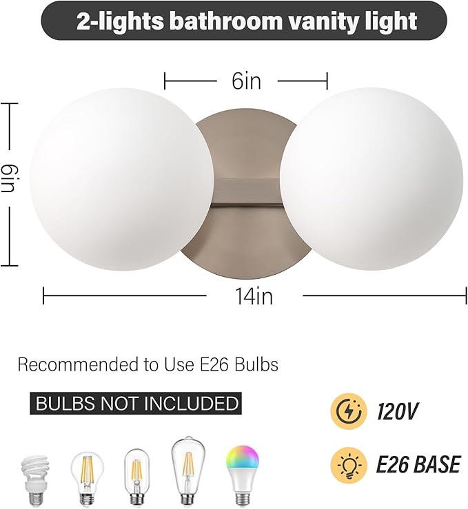 Globe Bathroom Vanity Light Fixtures: Nickel Wall Scones With 2 Milk Glass Shade - Modern Makeup Lighting Fixture over Mirror - Brass Ball Powder Room Vanities Lights for Hallway Bedroom Bulb Excluded