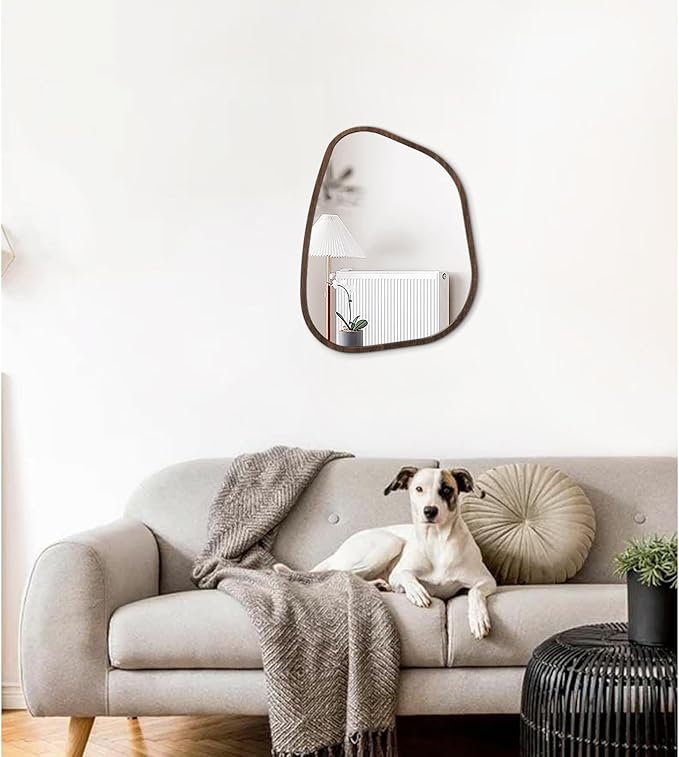 Irregular Wooden Framed Wall Mirror Modern Oval Asymmetrical Unique Hanging Mirror Artistic Wavy Mirror Decor Bathroom Vanity Bedroom Living Room Entryway Hallway Large Brown16 x12