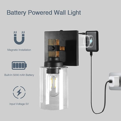Battery Operated Wall Sconce 2-Pack Farmhouse Rechargeable Wall Lamp Set of Two No Wired Required, Easy Install Cordless for Bedroom Bathroom Livingroom