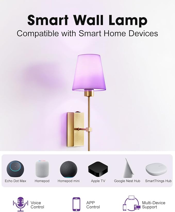 Battery Operated Wall Sconce Set of Two - Wireless Smart Wall Lamp, Matter Over Thread Protocol Enabled, Works with Apple/Alexa/Samsung/Google, 66 Hours Long Runtime