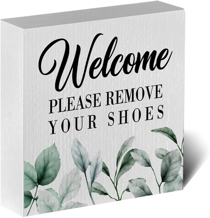 ENGVZ Wood Box Sign - Rustic Farmhouse Style 'Welcome Please Remove Your Shoes' Artwork, 5 x 5 Inches, Durable Decorative Signage for Home, Office, Gift