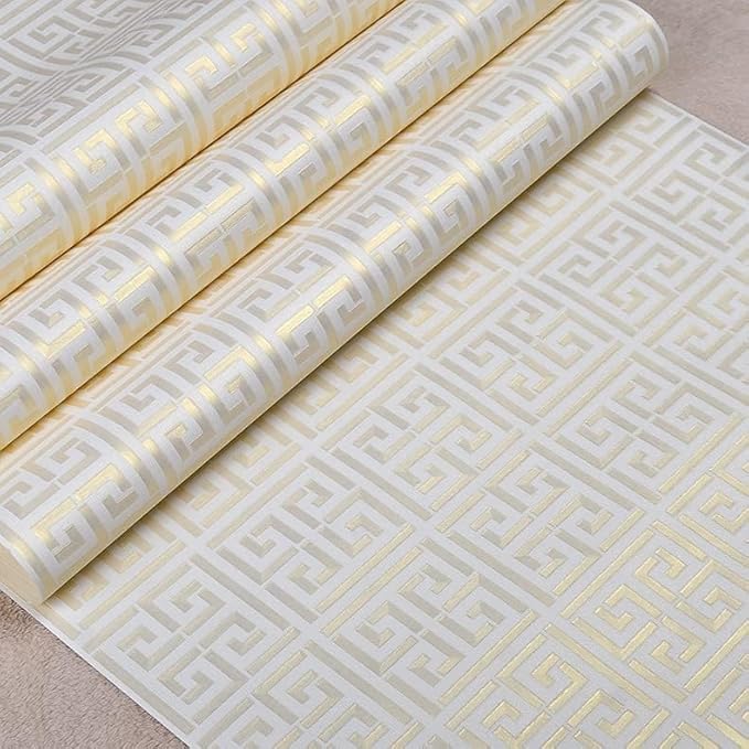 Greek Key Pattern Wallpaper 17.7"x236.0" Textured Metallic Gold on White Peel and Stick Wallpaper Geometric Embossed Self Adhesive Waterproof