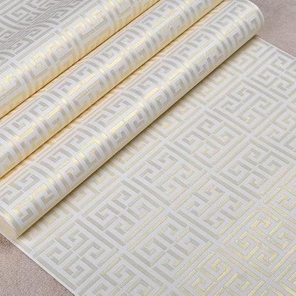 Greek Key Pattern Wallpaper 17.7"x236.0" Textured Metallic Gold on White Peel and Stick Wallpaper Geometric Embossed Self Adhesive Waterproof