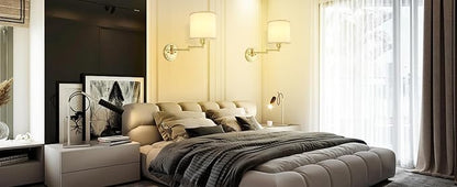 Battery Operated Wall Sconce with Remote Control, 15 Colors Dimmable Wireless Wall Sconces Set of Two, Rechargeable Cordless Wall Sconce Light, Swing Arm Wall Lamp with White Fabric Shade