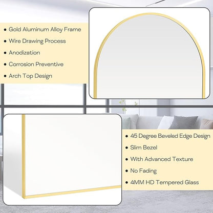 30" x 48" Gold Arched Mirror, Arch Wall Mirror, Metal Frame Black Bathroom Mirror, Arched Top Bathroom Vanity Mirror for Living Room, Bedroom, Entryway, Tempered Glass, Shatter Proof