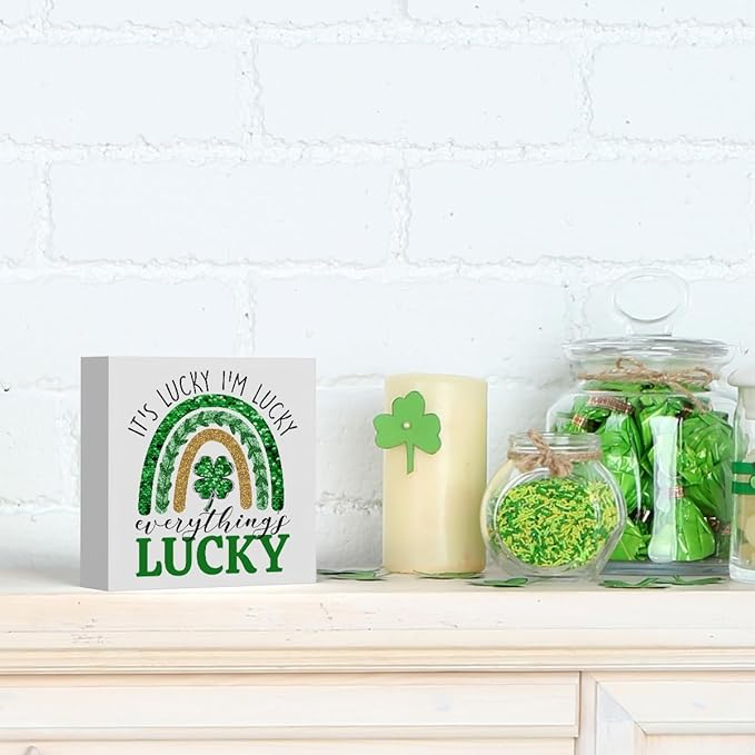 It's Lucky I'm Lucky Everything Lucky Funny St Patricks Day Shamrock Decor Desk Decor Wooden Box Sign St Patricks Day Decorations Irish Blessing Wood Block Plaque Box Sign for Home Decoration