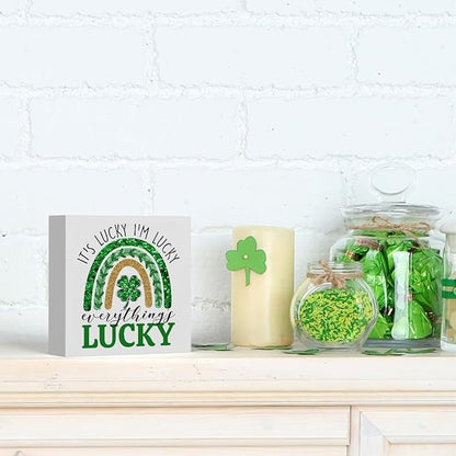 It's Lucky I'm Lucky Everything Lucky Funny St Patricks Day Shamrock Decor Desk Decor Wooden Box Sign St Patricks Day Decorations Irish Blessing Wood Block Plaque Box Sign for Home Decoration