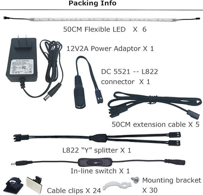 Litever Under Cabinet Light, 6 PCS 20 Inches Flexible LED Strips with Power Adapter, 24W,1800 Lumen, Daylight 5000K. Suitable for Kitchen Cabinets, Counters, Under Shelf, Closets (6-Strip-5000K)