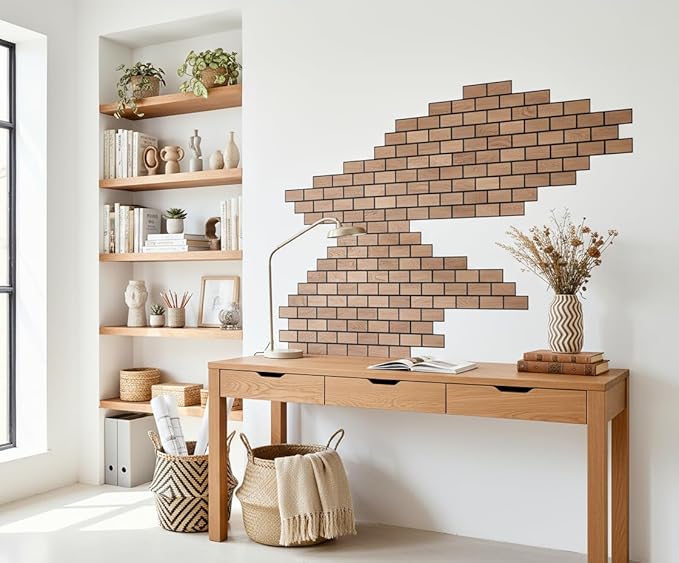 WoveN SounD Brick Acoustic Wall Panels, 16 Pack 16x12 Inch, Wood Veneer Carved Sound Proof Wall Decor, Self-Adhesive for Home, Studio, Office & Focus Zones, Teak