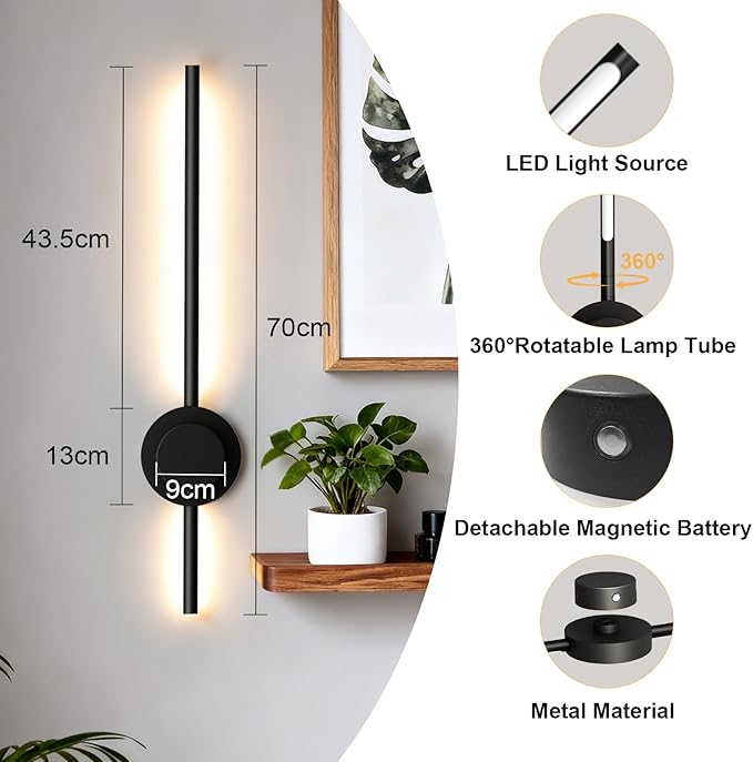 Rechargeable Wall Sconce Lights with Remote, Battery Operated Wall Lights 3 Color Temperature, Dimmable Wireless Wall Lamp Black 70CM for Living Room Bedroom Hallway 2 Pack