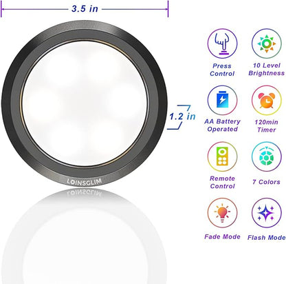 LED Puck Lights with Remote, 7 Colors Under Cabinet Lighting Wireless, Battery Operated RGB Dimmable Push Lights for Closet, Kitchen, Under Counter, Bar Display Shelf (1 Pack)