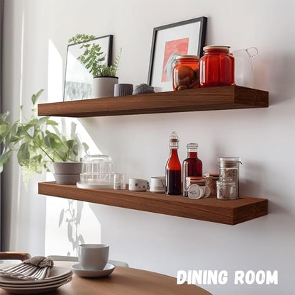 Habudda Floating Shelves, Wall Hanging Wood Shelf for Rustic Home Decor, Bathroom, Bedroom, Kitchen Display, Natural Wood, Invisible Bracket, 30", 2-Pack (30"×6.7"×1.6", Red Brown)