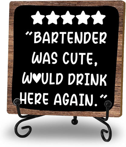 Funny Bartender Review Desk Sign, Funny Home Bar Plaque, Wooden with Stand, Bartender Was Cute Would Drink Here Again Wooden Tabletop Decor for Bar Table Decorations, Desk Shelf Decor Supplies
