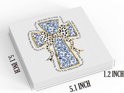 He Is Risen Sign Easter Religious Decorations Christian Easter Decor Blue And White Chinoiserie Decor Wooden Box Sign for Home Office Bedroom Living Room Desk Shelves