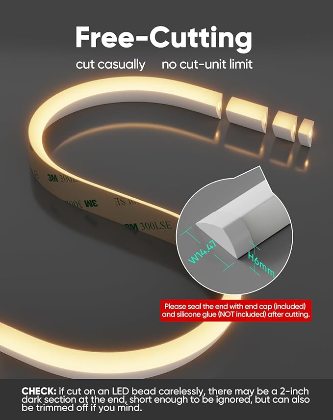 Shine Decor Under Cabinet Lighting Strip, Free Cuttable LED Silicone Neon Rope Hardwired 24V Anti-Glare Bright Cozy 252 Lumen for Indoor, Adhesive White Shell 2700K Warm 12” UL Certified, No Adapter