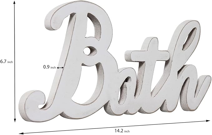 Rustic Bath Signs for Bathroom 14 inches, Hanging Distressed White Bathroom Sign Decor for Shelf, Wooden Wall Signs for Home Decor, Decorative House Sign
