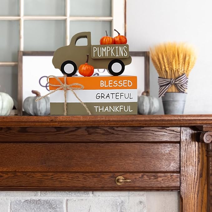 Fall Table Decor, Farmhouse Wooden Fall Signs with Book Stack, 3D Truck and 5 Individual Pumpkins for Tiered Tray, Coffee Bar, Shelf and Mantle Decor - Fall Decorations for Home