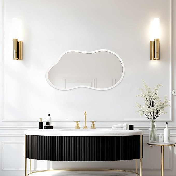 AAZZKANG Small Wall Mirror with Irregular Wood Framed Decorative White Hanging Mirrors for Bedroom Dressing Room Living Room Bathroom Entryway