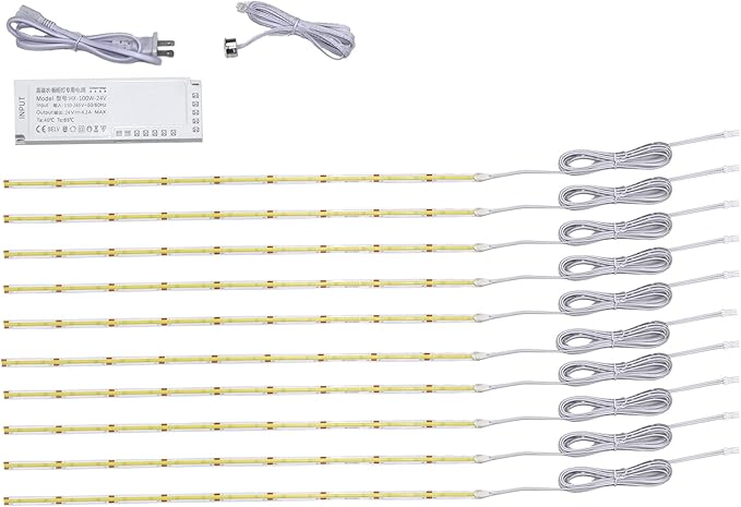 Dimmable Under Cabinet Lights with Touch Switch, 96 LEDs per feet, White(6500K) Lights kit for Kitchen Cabinets Counter Shelf Bookcase Closet (Cool White, 10 * 2Ft LED Strips)