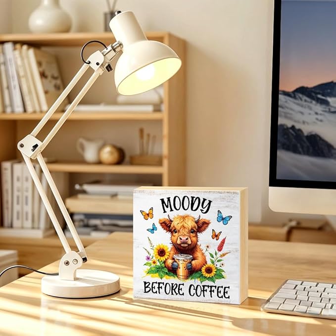 Moody Before Coffee Western Country Wood Block Plaque Box Sign for Home Living Room Coffee House Bar Shelf Table Office Decoration, Funny Highland Home Decor Gifts for Family Friends