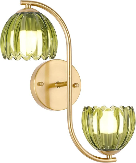 Battery Operated Wall Sconce, 2-Lights Vinatge Brass Wall Lighting Up and Down with Green Tulip Shade for Living Room, Bedroom