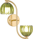 Battery Operated Wall Sconce, 2-Lights Vinatge Brass Wall Lighting Up and Down with Green Tulip Shade for Living Room, Bedroom