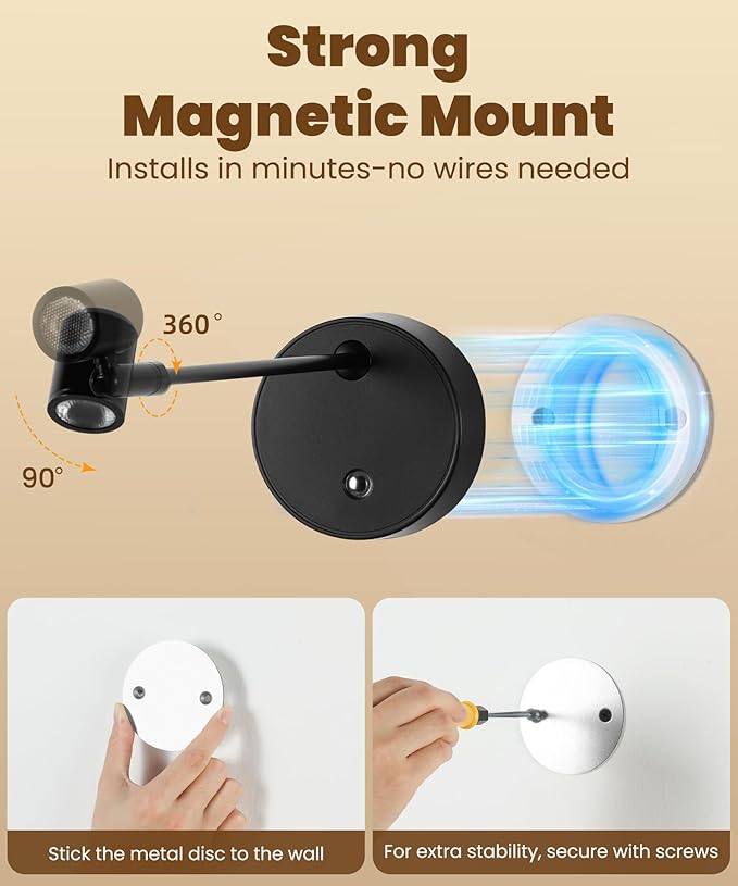 Wireless Battery Operated Picture Light for Wall,3 Color LED Art Lighting for Paintings,Magnetic Rechargeable Dimmable Poster Lights,Remote Control Gallery Light with Timer, Black (1 Pack)