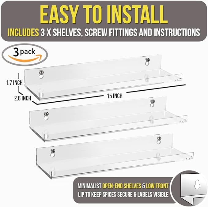 Wall Mounted Spice Rack Shelves [3-Pack] - Clear Acrylic 15