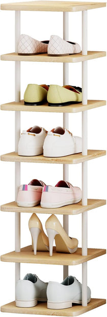 AZERPIAN Shoe Rack 7 Tier Vertical Storage Organizer Narrow Metal Slim Shelf Modern Free Standing Shoe Tower Saving Space for Closet Entryway Bedroom,White
