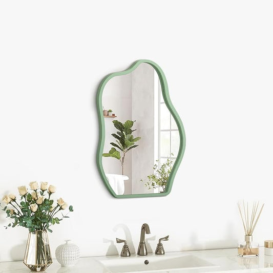 Asymmetrical Mirror for Wall Decor Cute and Stylish Unique Wooden Framed Wall Mirror Small Vanity Cloud Artistic Mirrors Decorative for Living Room Bedroom Bathroom Entryway Green