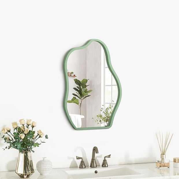 Asymmetrical Mirror for Wall Decor Cute and Stylish Unique Wooden Framed Wall Mirror Small Vanity Cloud Artistic Mirrors Decorative for Living Room Bedroom Bathroom Entryway Green